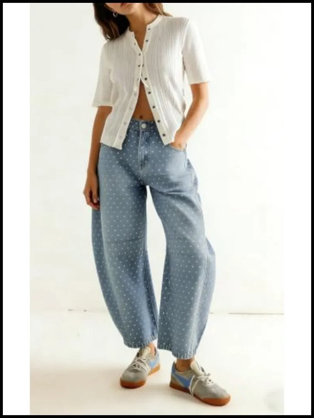 Wide Leg Barrel Jeans with Polka Dot Overlay
